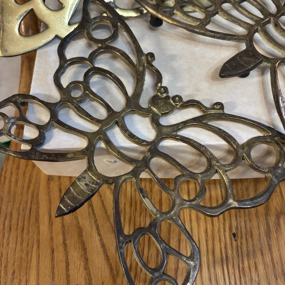 Vintage Patinated Four Brass‎ Butterflies, Trivets Wall Hangings Made In Taiwan
